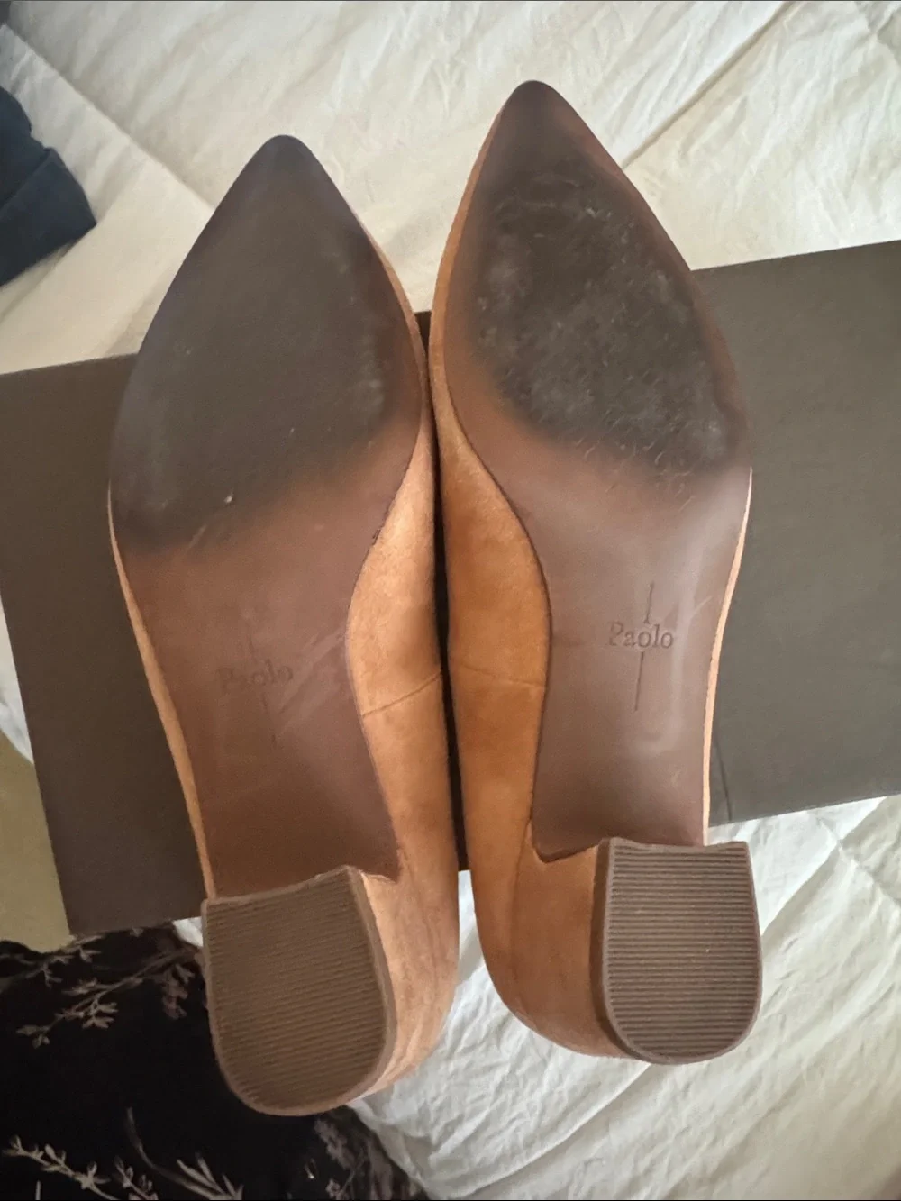 Paolo Tan Suede Mid Block Heel Pumps
